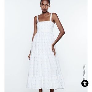 Zara White and Blue Floral Embroidered Dress